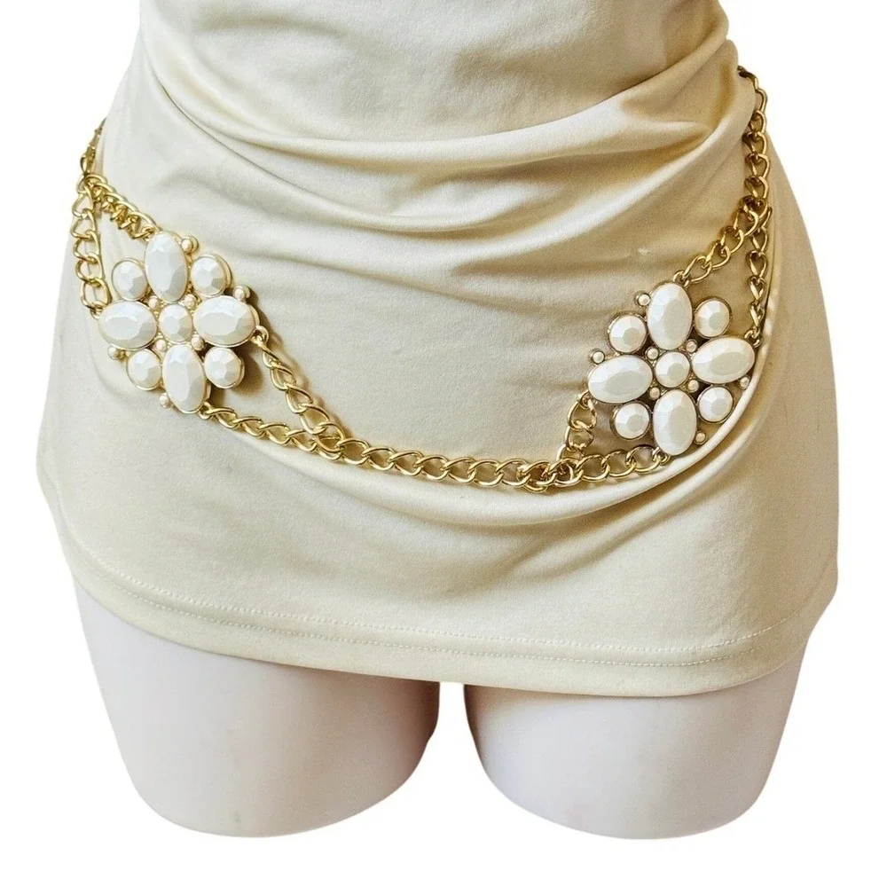VTG Gold Tone Metal Chain Regal Pearl Belt Necklace‎ Couture chunky Retro 49